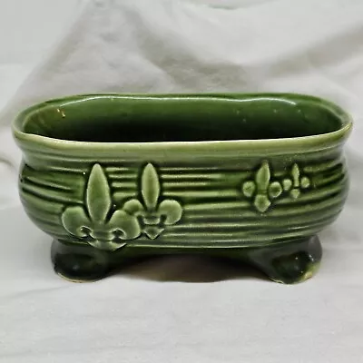 Avocado Green Glazed Art Pottery Footed Planter Pot Fleur De Lis Vintage  • $15.99