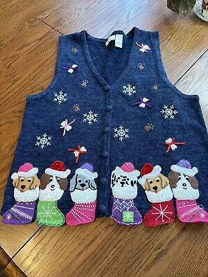Vtg Kim Rogers XL Womens Puppy Dog Christmas Theme Cardigan Sweater Vest • $30