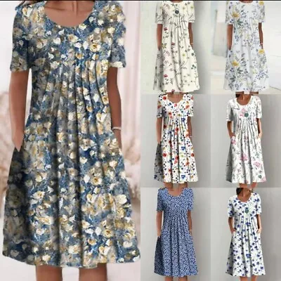 $26.10 • Buy Womens Short Sleeve Floral Midi Dress Ladies Summer Baggy Pocket Pleated Dresses