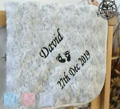 £13.99 • Buy Personalised Baby Blanket Embroidered Rosebud Italic Font Baby Boy Girl Gift