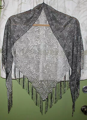 (MP) Cejon® Black & Metallic Silver Fringed Rectangle Shawl Scarf Cape • $6.07