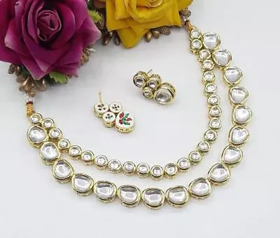 Indian Bollywood Gold Plated Kundan Uncut Meenakari Necklace Bridal Jewelry Set • $29.69