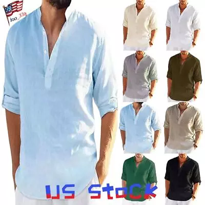 Mens Summer Linen Button T-Shirt Size Casual Loose Long Sleeve Blouse Tops Beach • $19.39