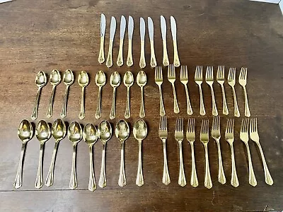 Hamptons Silversmiths 199 Gold Tone Flatware Lot Of 40 Spoons Forks Knives • $38.95