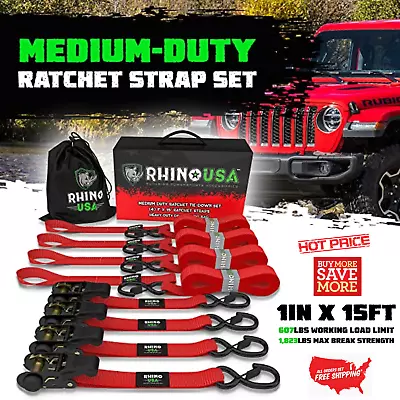 Rhino USA Ratchet Straps Tie Down Kit 1823lb Guaranteed Max Break Strength 4 PK • $54.49