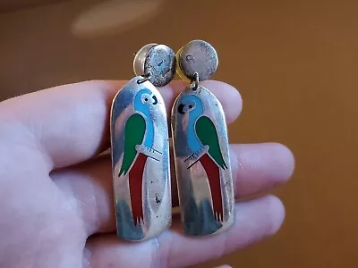 Vintage Silver Turquoise Coral Inlay Mexican Parakeet Dangle Earrings *TR-87* • $75