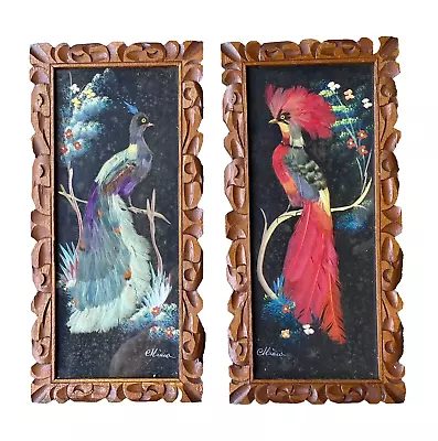 Pr Of Vtg Mixed Media Hand Carved Wood Framed Bird/Feather Art Painting - Mexico • $45