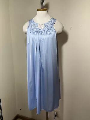 Vintage 70s Lorraine Maxi Nightgown Blue Sleeveless Gown Sz M • $19