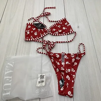 ZAFUL Triangle Red Floral Tie String Ribbed Bikini US  4 UK 8 • $9.95