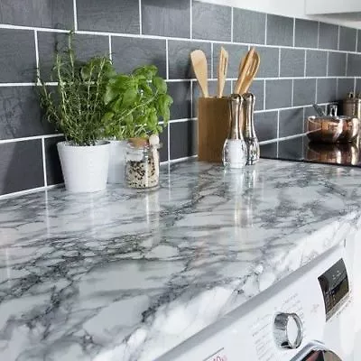 STICKY BACK PLASTIC VINYL 2.1m X 90cm GREY WHITE MARBLE GRANITE SELF ADHESIVE • £10.99