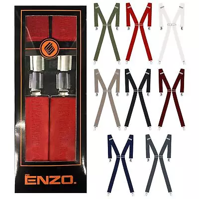 Mens Enzo Braces Elastic Adjustable Heavy Duty 35mm Clip On Trousers Suspenders • £4.99