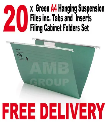 £13.75 • Buy 20 X Green A4 Hanging Suspension Files Incl. Tabs Inserts Filing Cabinet Folders