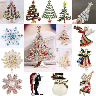 Christmas Tree Snowman Crystal Santa Claus Brooch Pin Enamel Xmas Jewellery Gift • £3.77