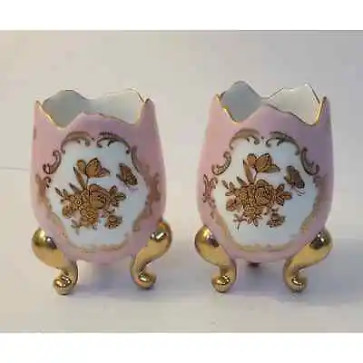 Set Of (2) Vintage Ceramic Rose D'Or Cracked Eggs On Legs Pink/Gold Easter Decor • $19.98