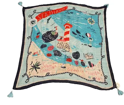 Spartina 449 Square Scarf Linen Blend Nautical Print Sheer Tassel Coastal Beach • £21.59