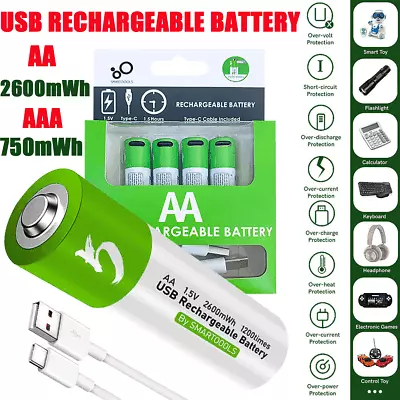 4Pcs 1.5V 2600mWh AA / AAA Battery Type-C Rechargeable Lithium Ion Batteries LOT • $3.99
