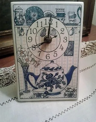 VINTAGE Santa Barbara Ceramic Design Clock Blue Teapot - Works Great-Nice -  • $26.95