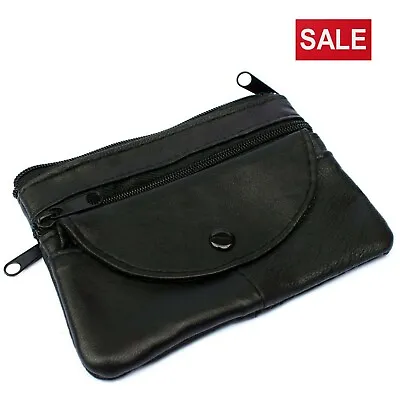 Men's Ladies Soft Black Leather Purse Coins Keys Money Holder Pouch Zip Wallet • £3