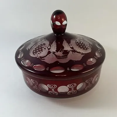 Ruby Red Glass Covered Candy Dish Vintage  Bohemian Czech • $29