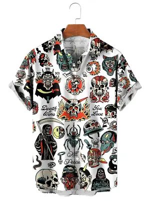 $32.90 • Buy Vintage Hawaiian Shirts Skull Ghost Print 3D With Chest Pocket Aloha Button Up
