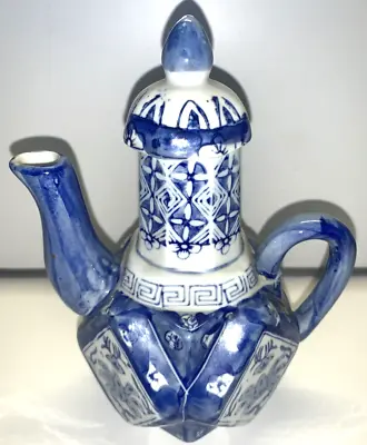 Vintage Cobalt Blue White Floral Asian Oriental Geometric Ceramic Teapot • $15