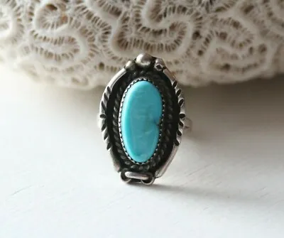 Vintage Navajo Sterling Silver Turquoise Ring 5 1/2 + Signed W/ Pictograph • $118