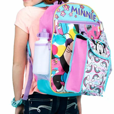 NEW 5PC MINNIE MOUSE LARGE 16  Backpack Lunch Bag Set Water Bottle School Girls • £17.09