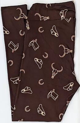 TC LuLaRoe Tall & Curvy Leggings Animal Cowboy Hat Horseshoe Bull Dark Brown P85 • £16.06