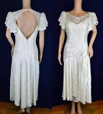 VTG 80s Ivory Sheer Mesh Net Lace Draped Flutter Key Hole Cocktail Wedding Dress • $36.99