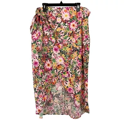 H&M Pink Multicolor Floral Wrap High Low Midi Skirt Lyocell Cotton - Size XL • $17.99