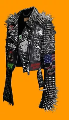 New Men Punk Black Full Long Silver Spiked Studded Brando Style Leather Jacket • $275