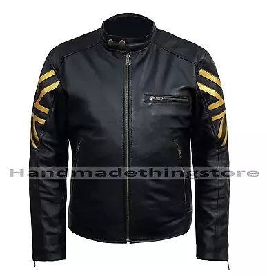 Mens Biker Vintage Motorcycle Black Cafe Racer UK Flag Union Jack Leather Jacket • £19