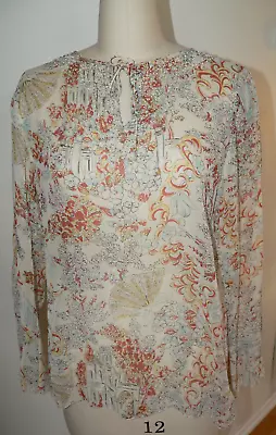 Women's CABI Blouse Medium Beige Blue Yellow Silk Sheer 243 Beaded Feminine Top • $14.39