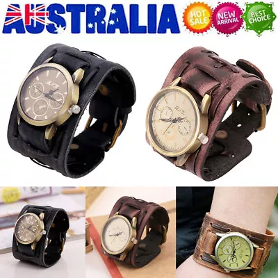 Portable Men Retro Watch Band Male Wide Leather Strap Cuff Vintage Wristwatch AU • $16.35