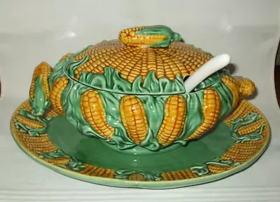 Bordallo Portugal Majolica Corn Tureen With Ladle & Platter • $165