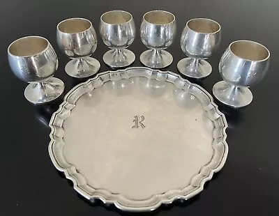 Tiffany & Co Makers Sterling Silver Mono “R” Shot Glass Cordial Cups W Tray Set • $1200