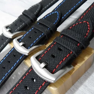 Canvas Watch Strap Leather Lined Premium Stitched Black Fabric Band 18 20 22 24 • £12.99