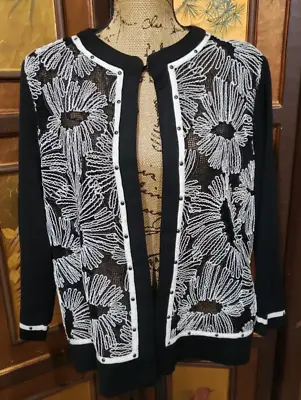 Ming Wang Black White Jewel Neck Embroidery Studded Trim Jacket Sz Large • $19.99