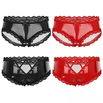 UK Sissy Men Latex PVC Faux Leather Boxer Briefs Lace Trim Open Crotch Hot Pants • £7.99