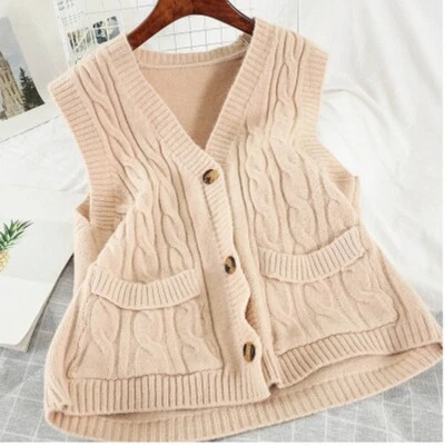 $18.85 • Buy Women V-neck Jacquard Knitted Cardigan Pocket Gilet Tank Retro Student Vest Top