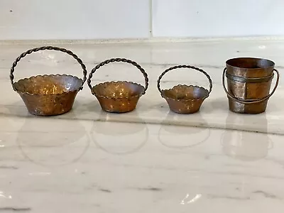 Vintage Set LOT Of 4 Miniature Copper Pot Bucket Basket Dollhouse Trinket India • $15