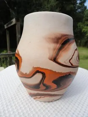 Vintage Nemadji Pottery Vase Brown Orange And Black Swirls • $40