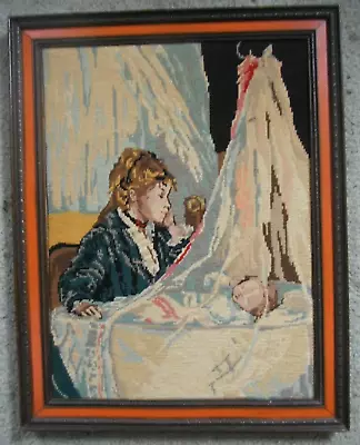 Vintage BETHE MORISOT France CRADLE Mother Infant Completed Needlepoint Framed • $29