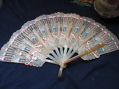 Antique Vintage Hand Fan Lucite Celluloid Hand Painted • $50