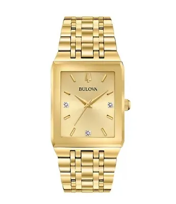 Bulova $425 Men's Gold Diamonds Square Champagne Dial Quadra Watch 97d120 • $239.99