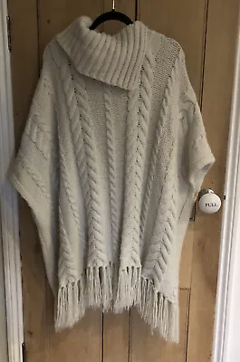 Stunning Oversized Slouch Cream Cable Knit Tasseled Poncho/ Throw On Size Large • £32