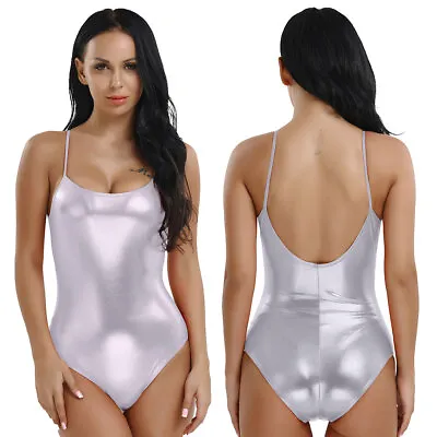 UK Women's Shiny Metallic Bodysuit Long Sleeve Patent Leather Leotard Jumpsuit • £4.99