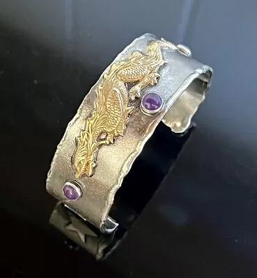 Vtg Chinese Sterling Amethyst Cabochon Cuff Bracelet Gold Repousse Dragon 50g • $164