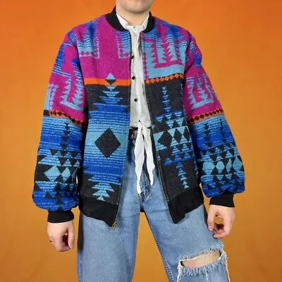 Vintage Aztec Wool Bomber Jacket Blanket Southwestern Navajo Pattern Boho 70s • £90