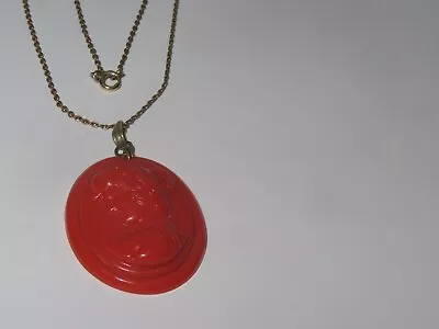 Vintage Faux Coral Carved Cameo Pendant Necklace Jewelry [a192] • $9.99